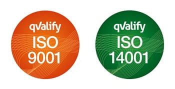 Certifikat-stempler for ISO 9001 (kvalitetesledelse) og ISO 14001 (miljøledelse)