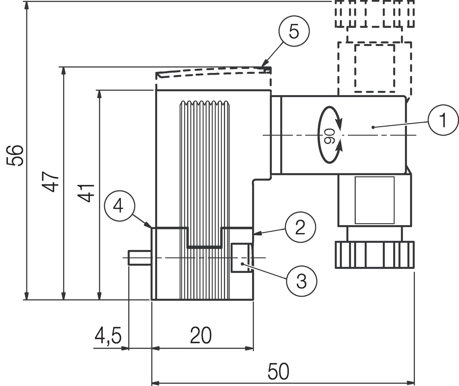 Dimension, DIN-contact 15x15 mm, IP65