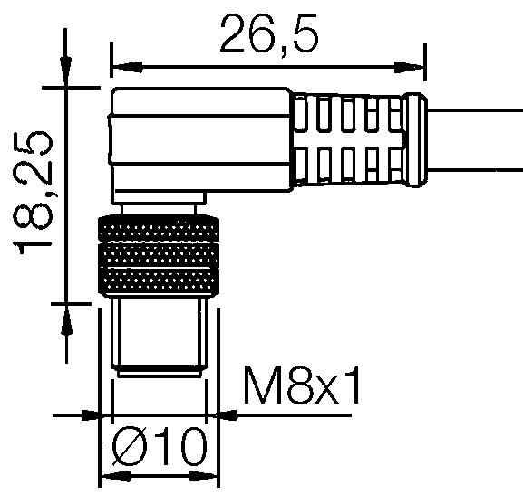 M8 fully groated cabel, angled male dimension