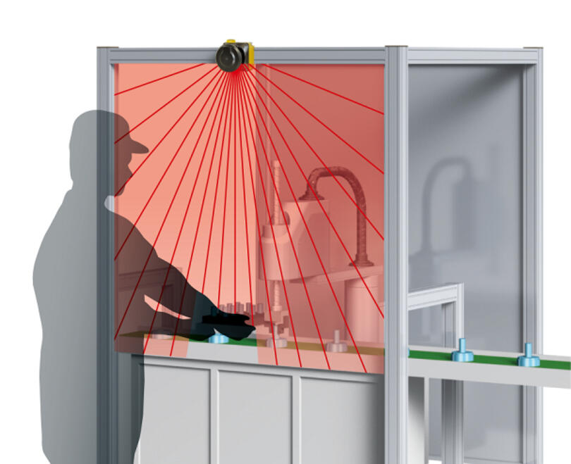 HOKUYO UAM-LPA sikkerhedsscanner overvåger et lodret beskyttelsesfelt foran en maskine med røde laserscanningslinjer.
